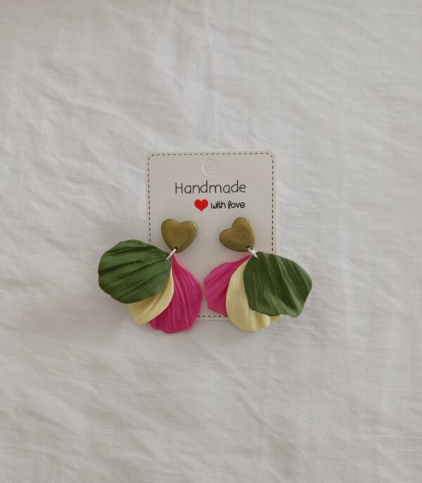 PENDIENTES Las Hojas Verde Militar Orquidea y Amarillo - Imagen 2