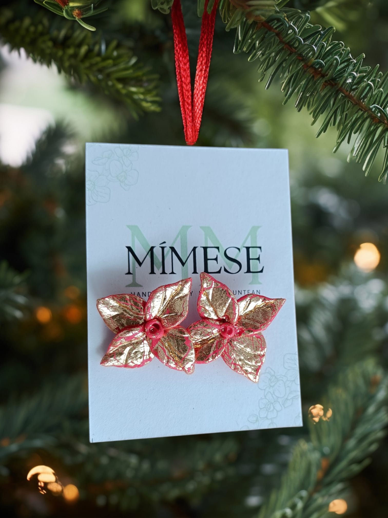 PENDIENTES FLOR DE NAVIDAD ROJO Y DORADO - Imagen 3